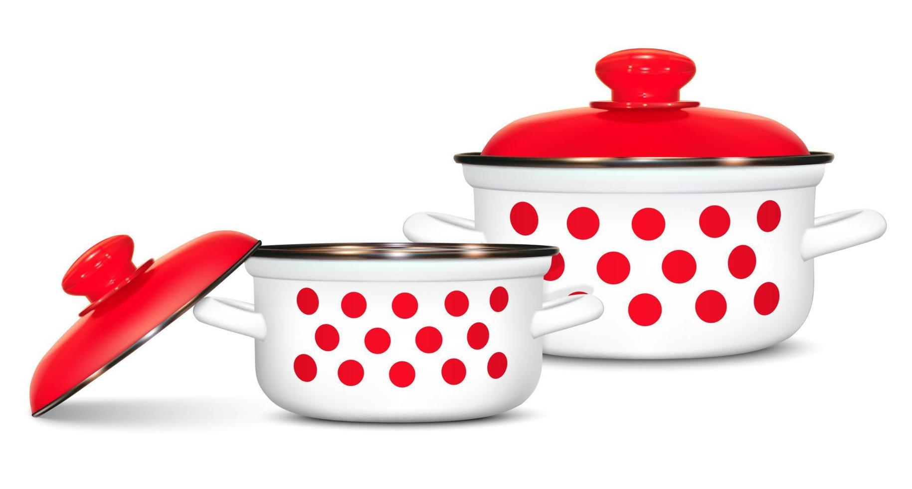 Set of white pots with a pattern of red peas. Cooking. Kitchen utensils. Red lid, metal rim. Realistic image on a white background. Isolated, vector illustration.