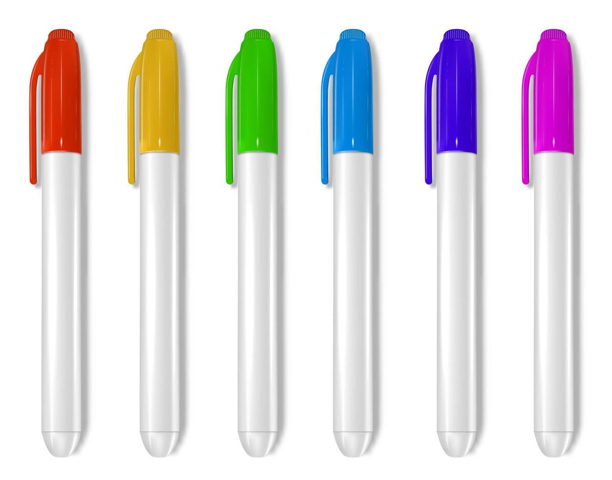 Whiteboard markers collection. Markers of different colors, consumables for home and office. Back to school. In a realistic style. Set of icons. Isolated on a white background. Vector illustration.