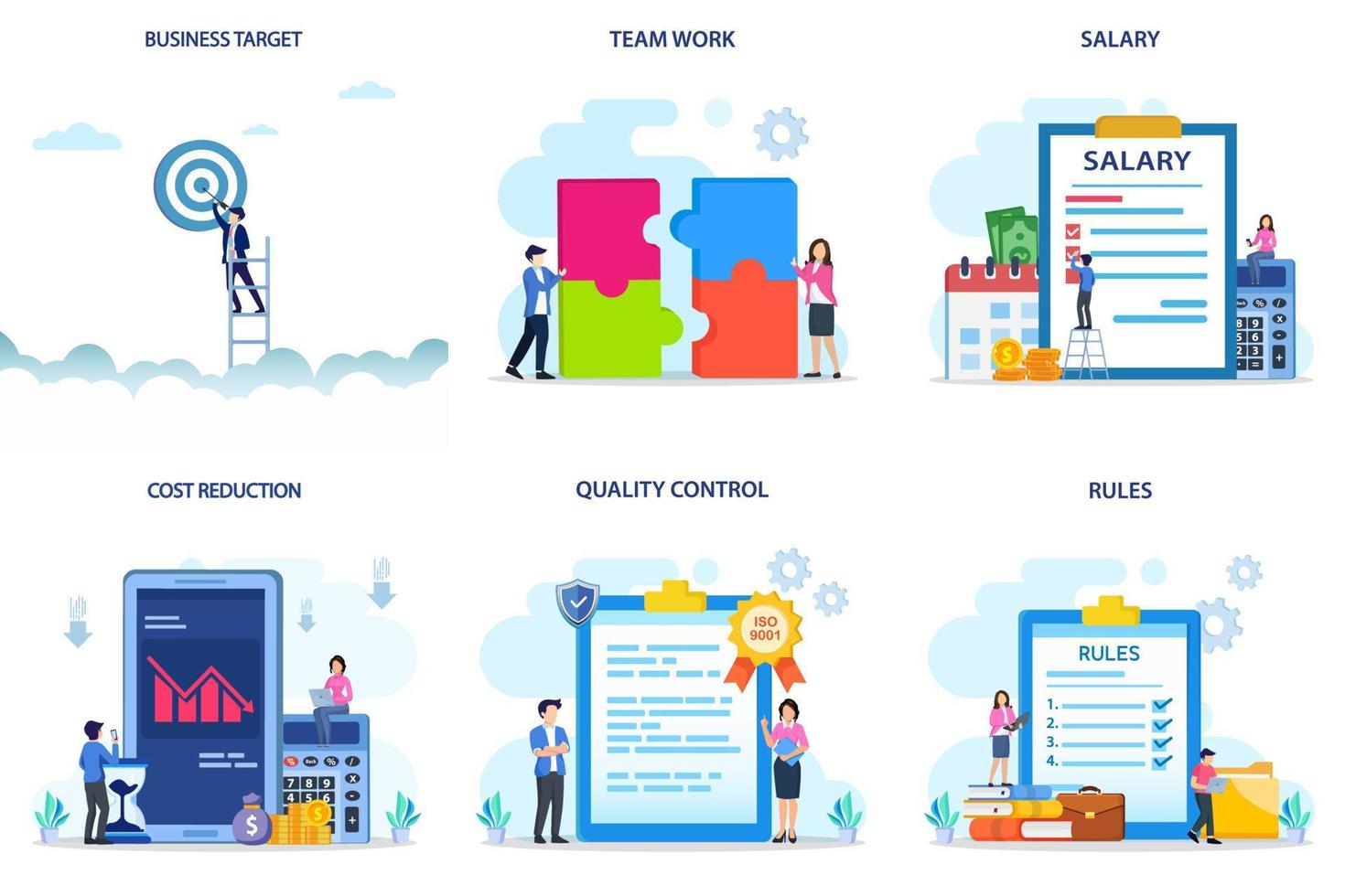 Set bundle Business concept. business target, team work, salary, qost reduction, quality control, rules. vector