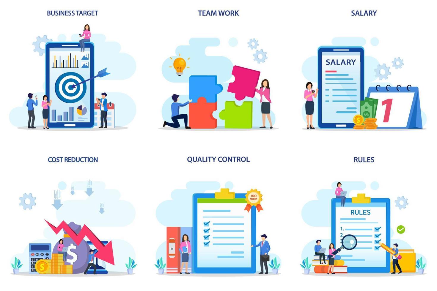 Set bundle Business concept. business target, team work, salary, qost reduction, quality control, rules. vector