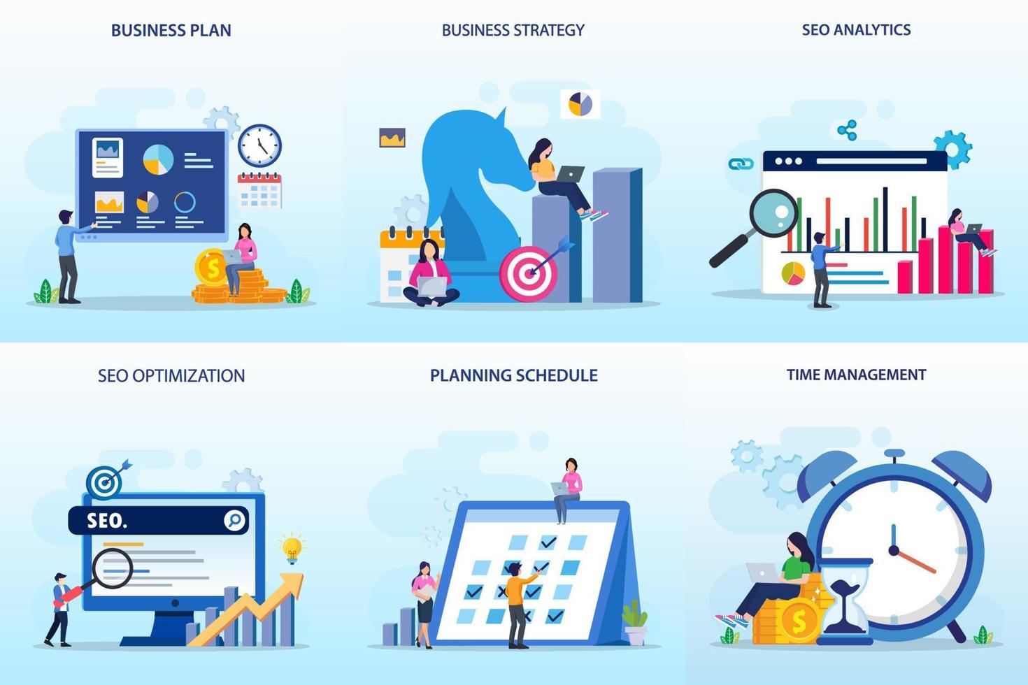 The finance or business profession make financial operations. Business plan, business strategy, seo analytics, seo optimization, planning schedule, time management. vector