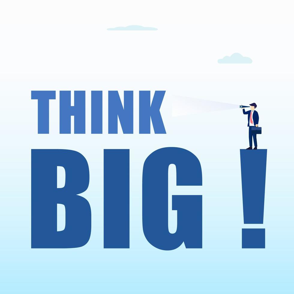 Think Big motivational vector concept, Businessman carrying suitcase and looking through telescope. Symbol of creativity, visions, ideas, inspiration and motivation. Flat vector template