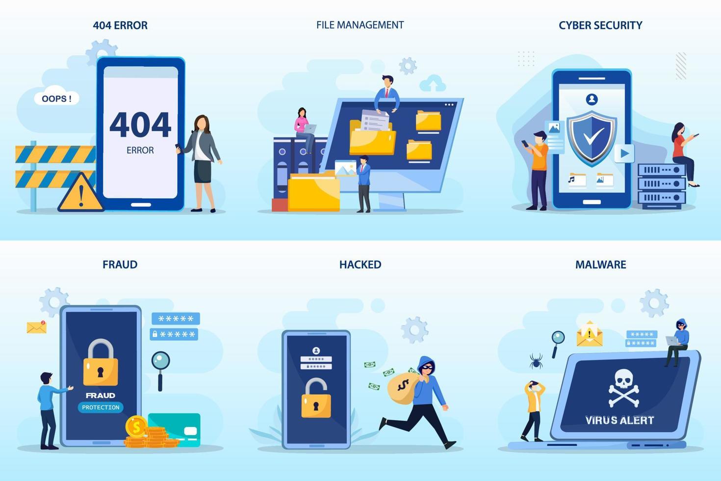 set bundle computer security. 404 error, file management, cyber security, fraud, hacked, malware vector