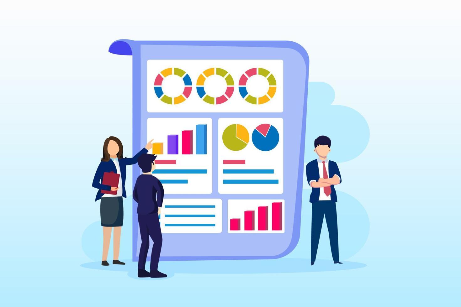 Modern flat design of Data Analysis concept, People work in front of a big screen. Auditing, Financial consulting. Flat Style vector template suitable for Web Landing Page, Background.