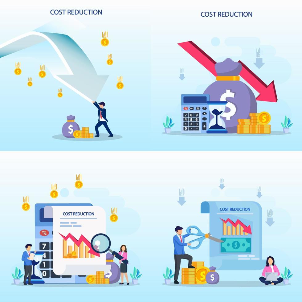Cost reduction illustration concept with tiny people. Sales decline, crisis financial. vector