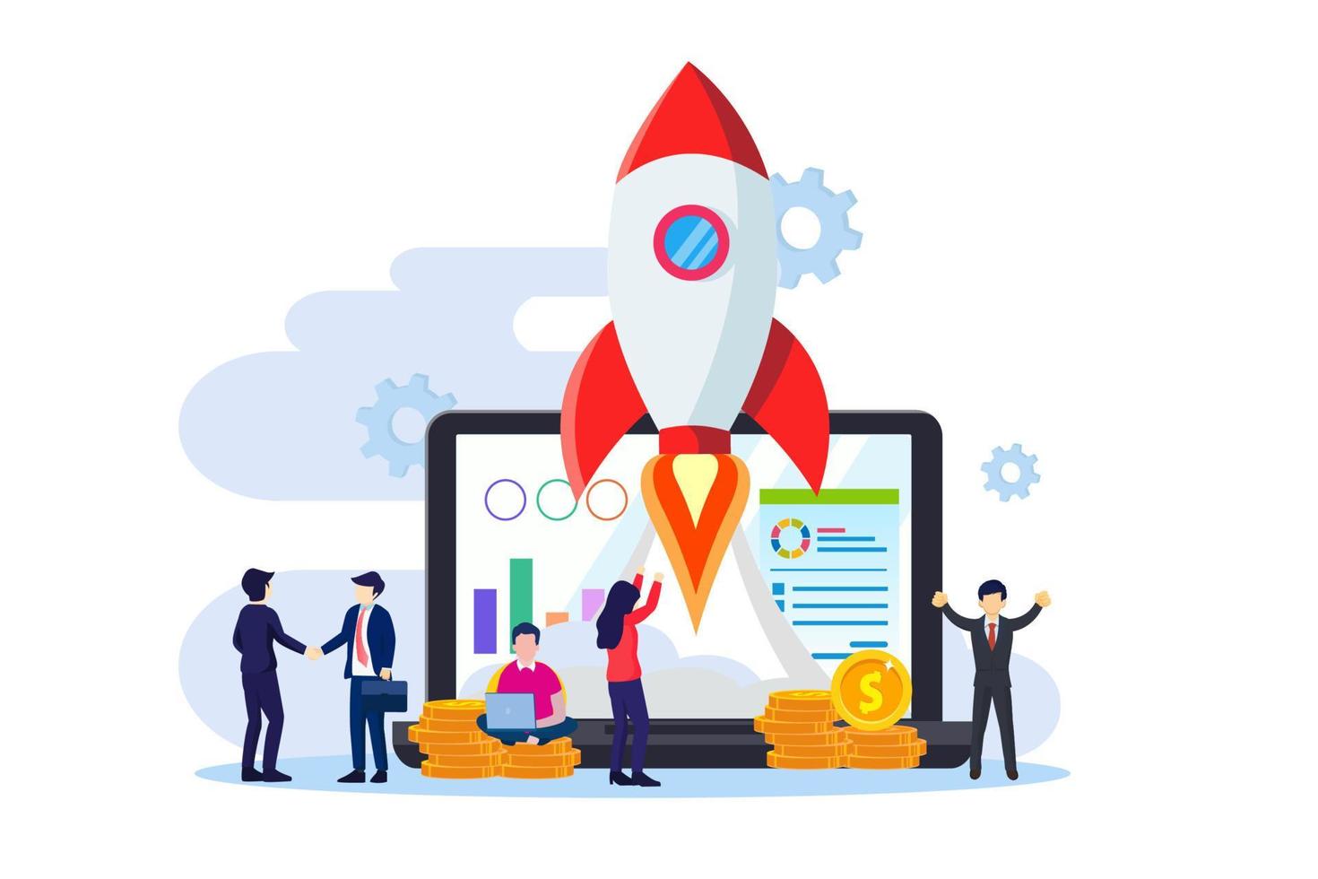 Business Startup concept, People working on the rocket launch. The development process, Innovation product, creative idea, Flat vector template Style Suitable for Web Landing Page, Background.