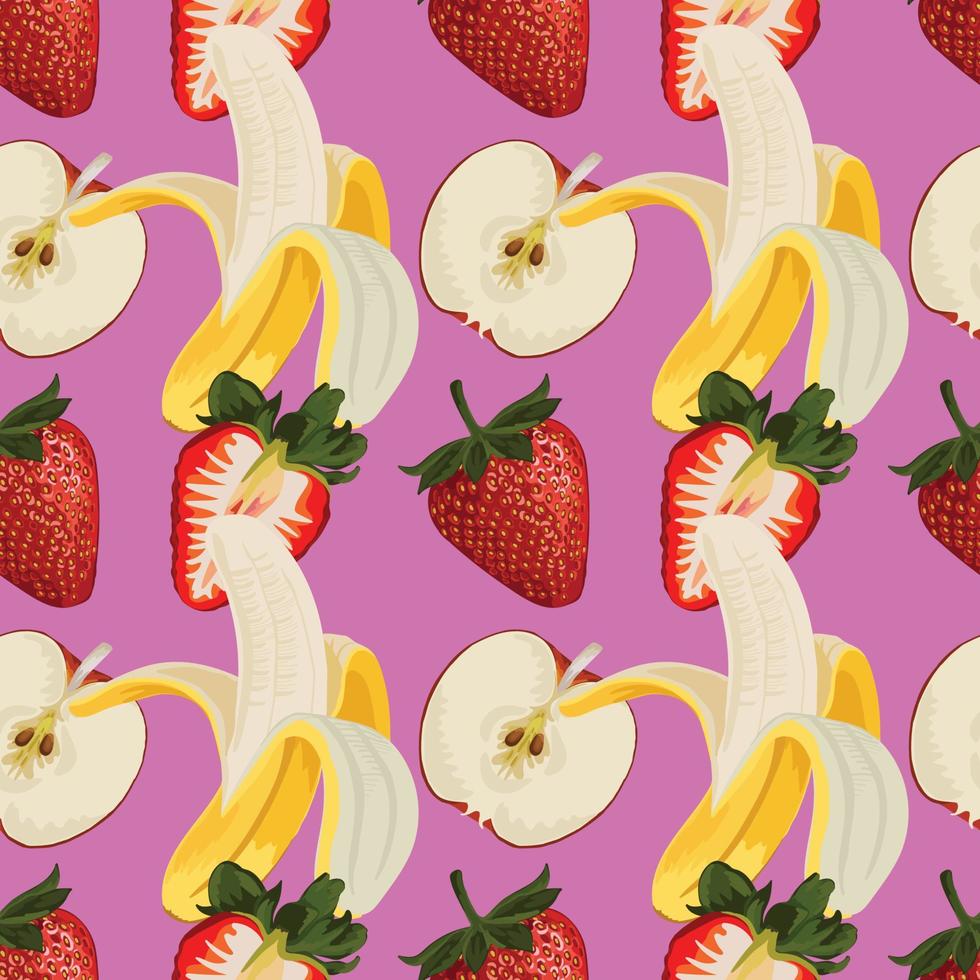 stawberries and bananas hand draw vegetable seamless on pink background vector