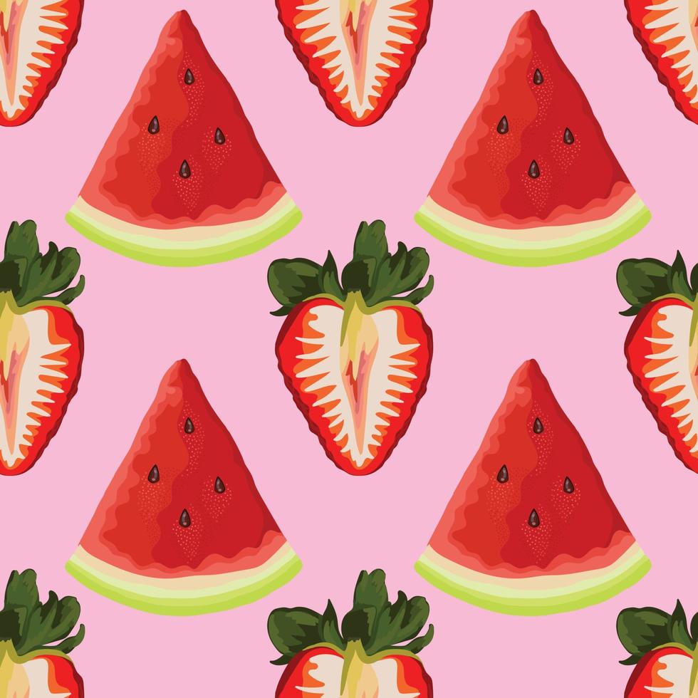 lindo diseño de patrón de fresa y sandía de frutas en rosa vector