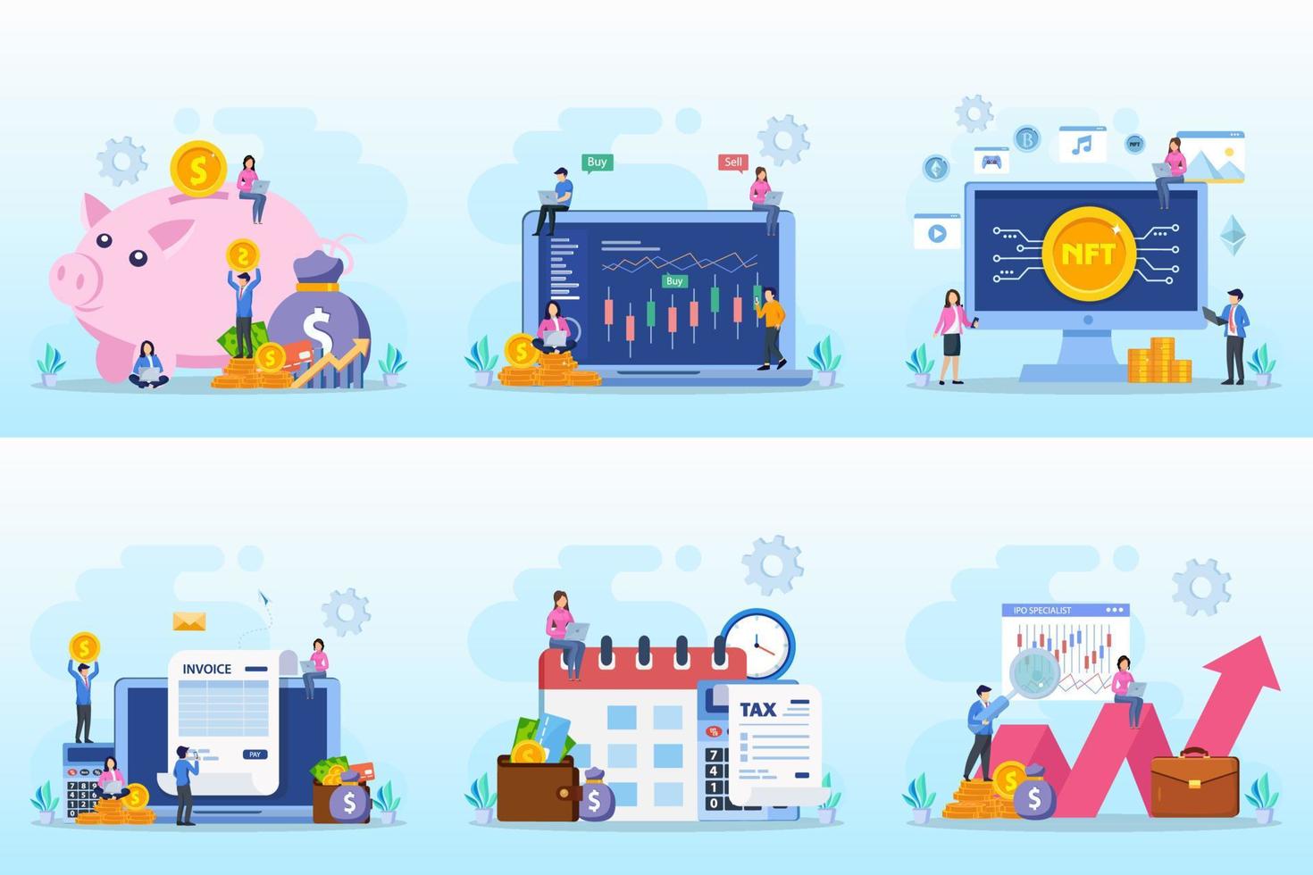 Set bundle Business concept. investment, trader online, nft, invoice, tax online, ipo specialist vector