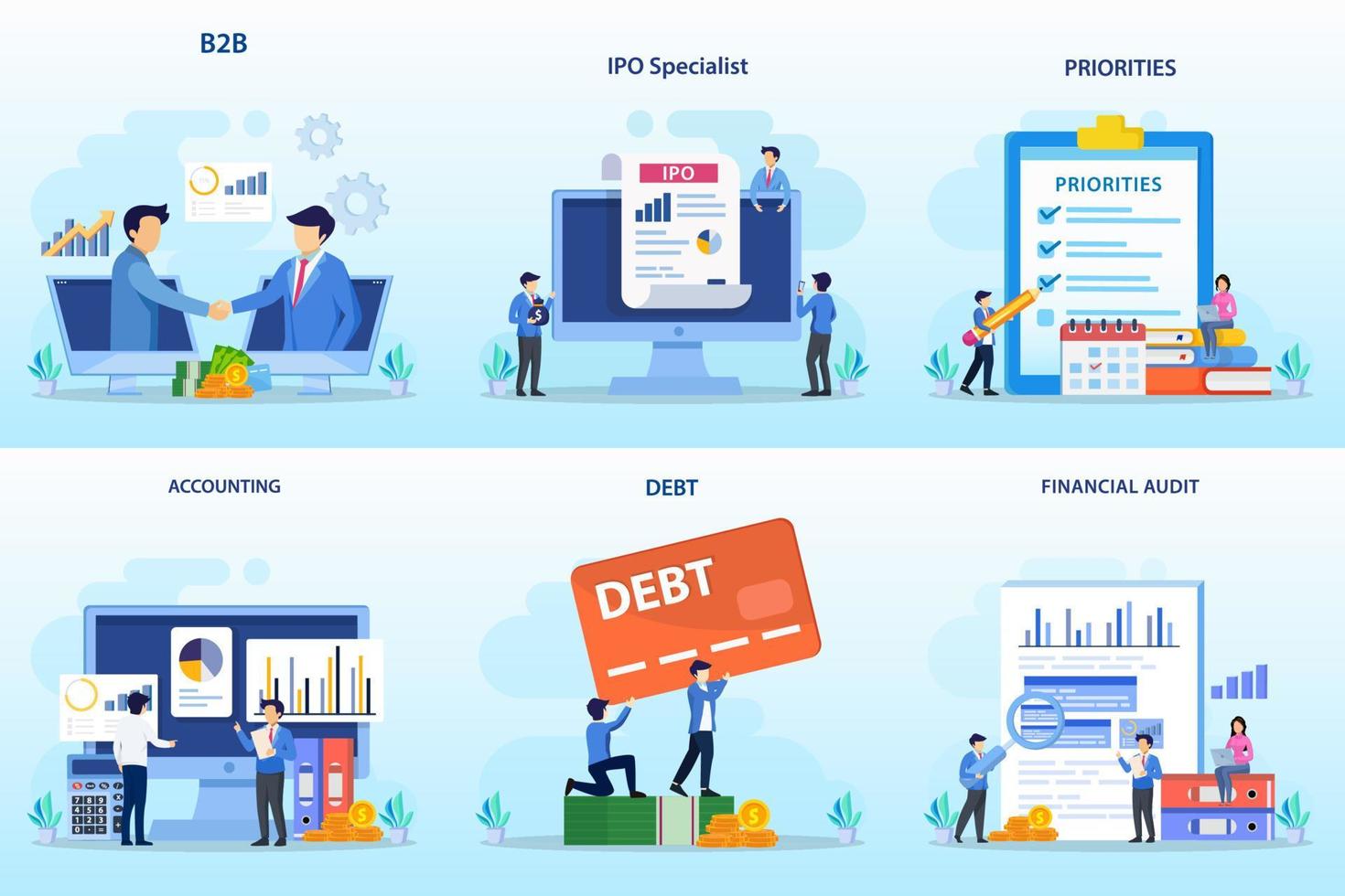 Set bundle Business concept. b2b, ipo specialist, priorities, accounting, debt, financial audit vector