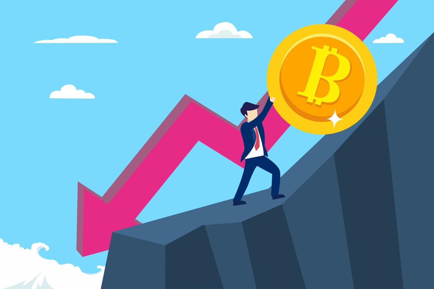 The Fallen In Price Bitcoin Flying Down On Red Arrow. Bankrupt Bitcoin. illustration flat vector template