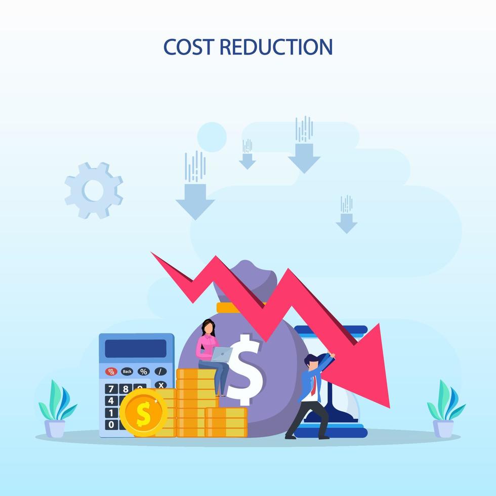 Cost reduction illustration concept with tiny people. Sales decline, crisis financial. vector