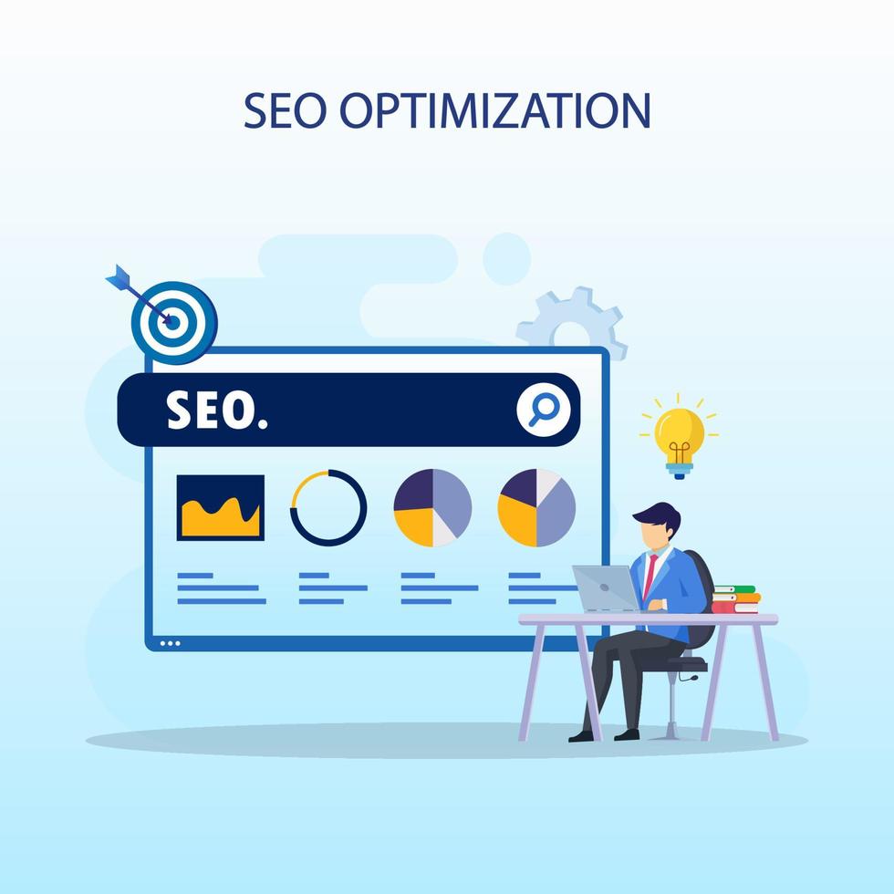 concepto de optimización seo, desarrollo de sitios web, emprendedor, web de negocios, analista de datos, ilustración con íconos y carácter. estilo de plantilla de vector plano adecuado para páginas de destino web.