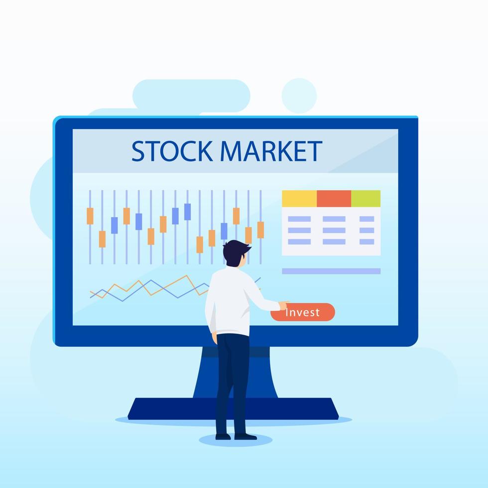 Modern flat design of Investing in the Stock Market. People trading stock online. Flat Style vector template suitable for Web Landing Page, Background.