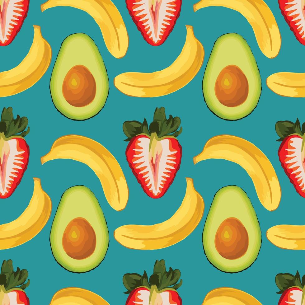 stawberry banana y kiwi art diseño de patrones sin fisuras sobre fondo verde vector