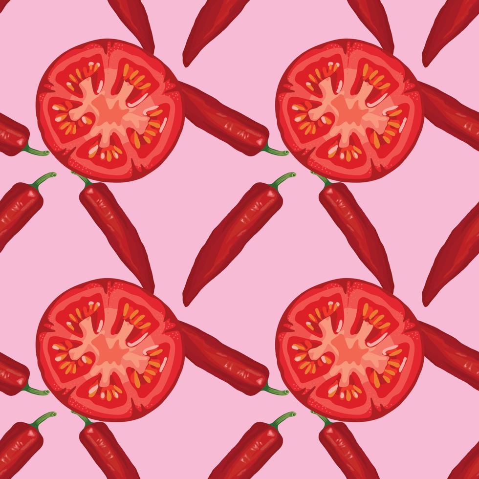 tomato and red chili seamless pattern design on pink background vector
