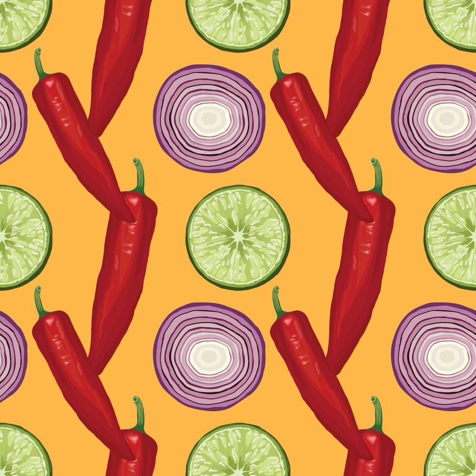 pimiento rojo limón y cebolla dibujo a mano vegetal diseño de patrones sin fisuras vector