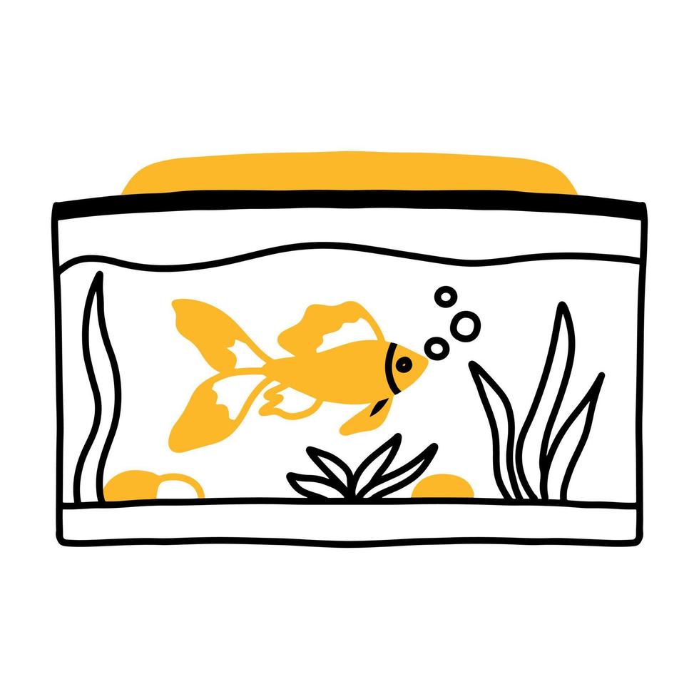 Goldfish in an aquarium. Doodle style. Aquarium with algae. vector