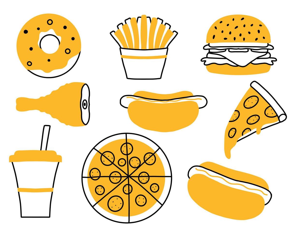 conjunto de comida rápida. colección de comida callejera. pizza, hamburguesa, hot dog, papas fritas, donut, conjunto de bebidas.vector. imágenes prediseñadas comida rápida estilo meal.doodle. vector