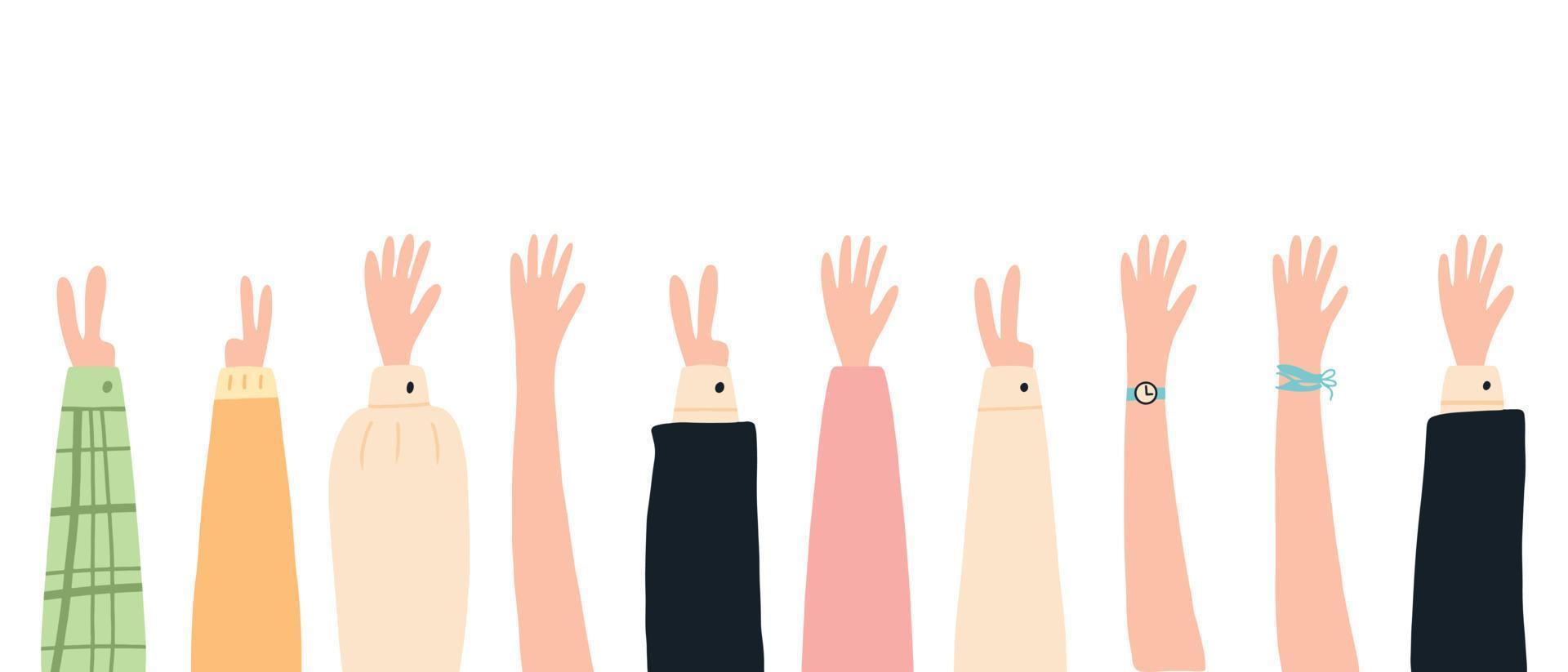 Set of raised hands. A group of diverse human weapons. The concept of the international volunteer community. Teamwork, collaboration, voting, volunteer concert. Vector illustration