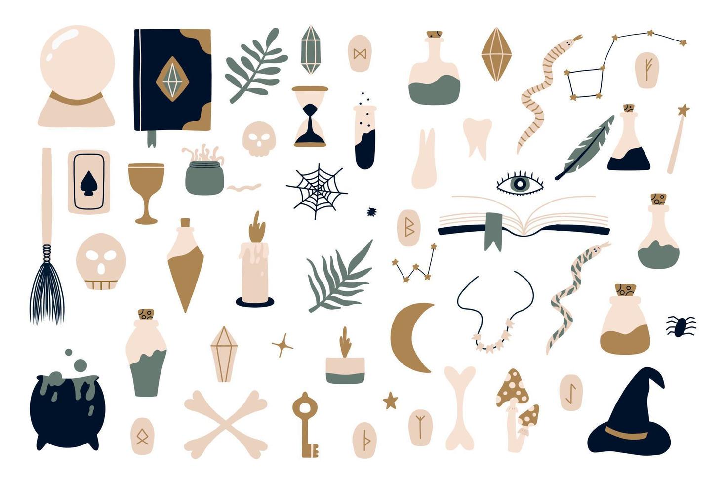ambientado con elementos mágicos. colección mágica. ilustración vectorial conjunto con calaveras, huesos, pociones, caldero, runas, dientes, serpiente vector
