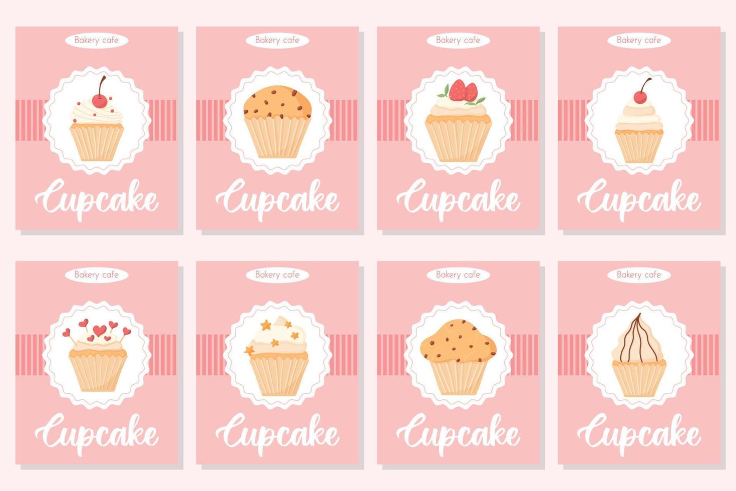 Bakery flyer set. Collection of posters with cupcakes and muffins. Vector illustration. Banners with cupcakes with cream, cherries, strawberries and chocolate.