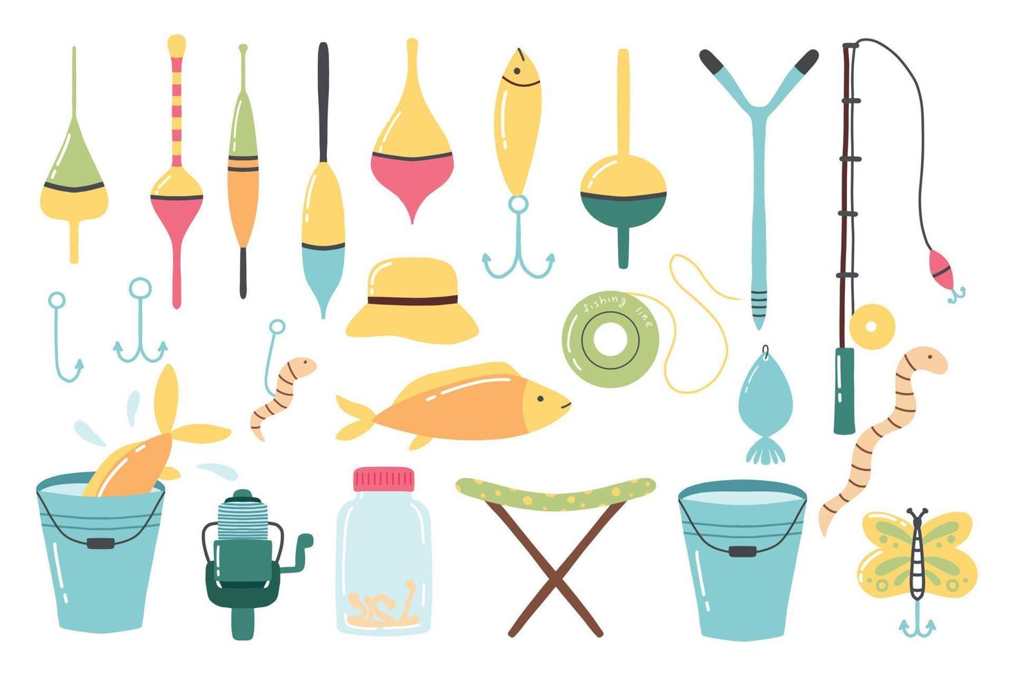 Fishing set. A set of tools for fishing. Flat style. Vector illustration. Fishing rod, hook, floats.