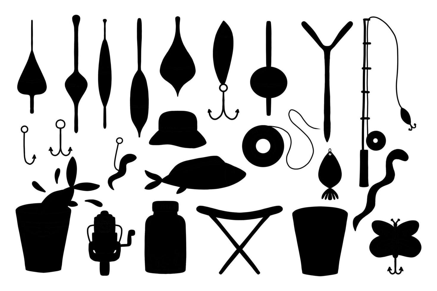 Fishing silhouettes set. Fishing tackle. Vector illustration.