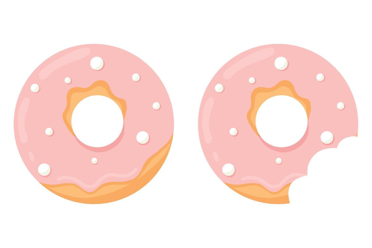 Delicious pink donut. Vector illustration in cartoon style. Donut in glaze. Bitten donut. Bitten donut.