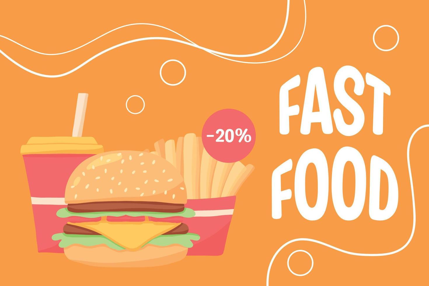 Flyer with fastfcd. French fries and burger poster. Discounts on street food. Vector illustration.