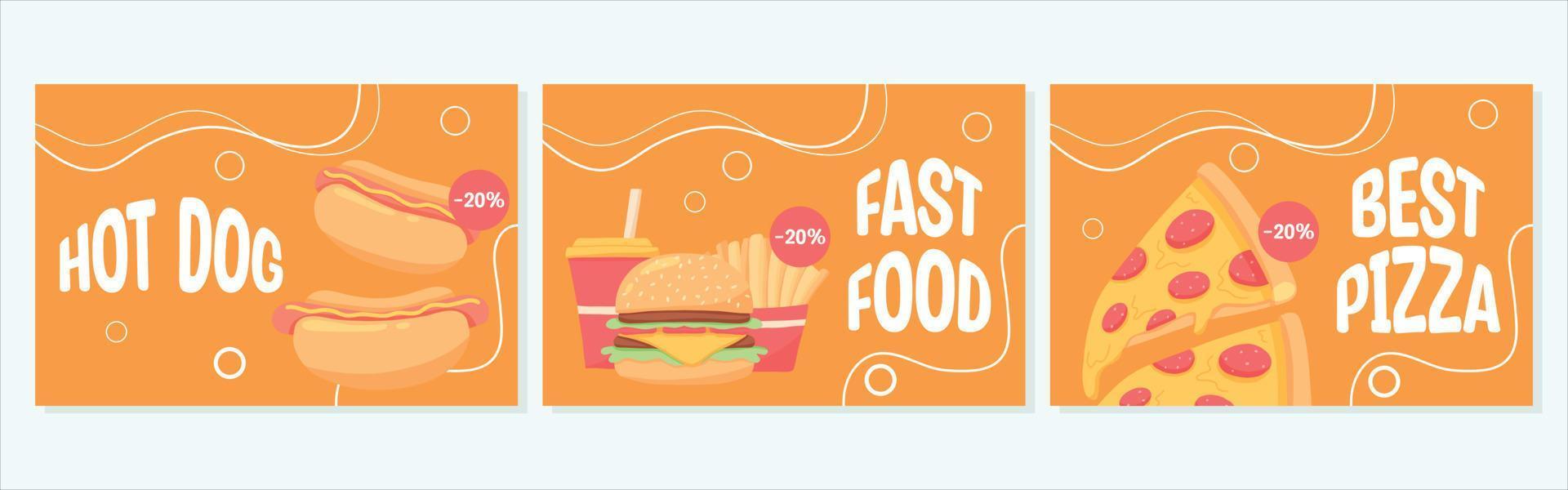 Fast food poster set. flyers m hamburger, hot dog, french fries, pizza. Discount flyers. Vector illustration.