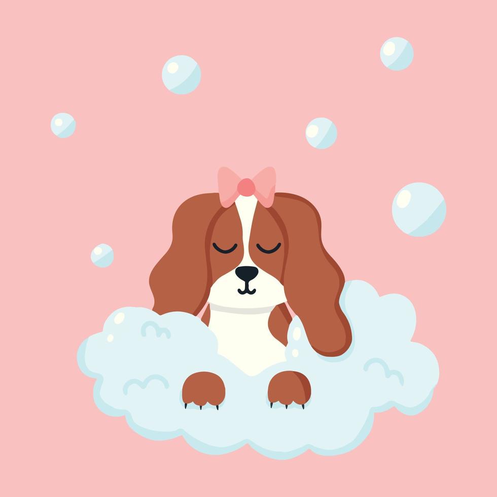 perro en un baño de burbujas. cuidado de mascotas. bañar al perro en el baño. ilustración vectorial en estilo de dibujos animados. vector