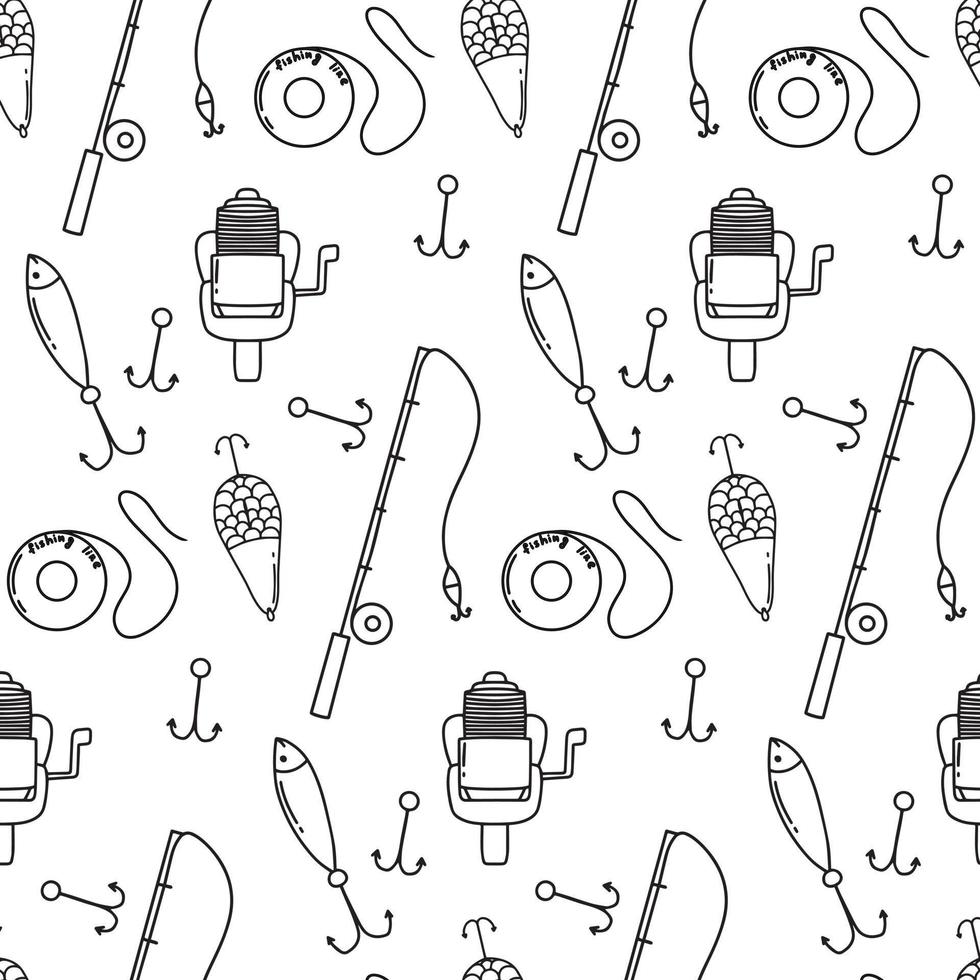 Pattern with fishing rod, hook and float. Doodle style. Fishing  pattern. Vector illustration.