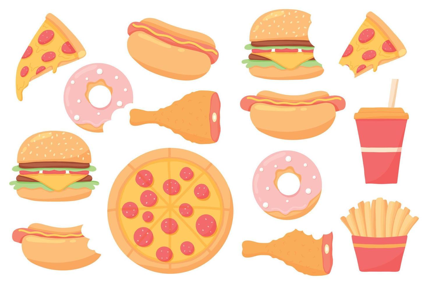 conjunto de comida rápida. colección de comida callejera. pizza, hamburguesa, hot dog, papas fritas, donut, conjunto de bebidas.vector. Imágenes prediseñadas de comida rápida. vector