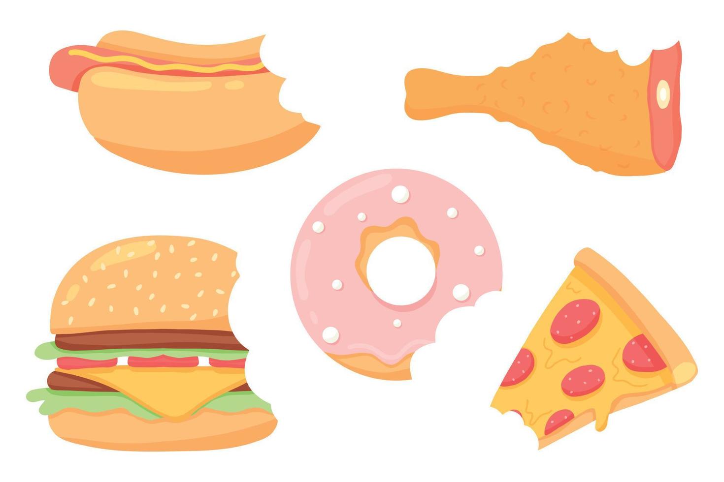 conjunto de comida rápida. colección de comida callejera. pizza, hamburguesa, hot dog, papas fritas, donut, conjunto de bebidas.vector. Imágenes prediseñadas de comida rápida. vector