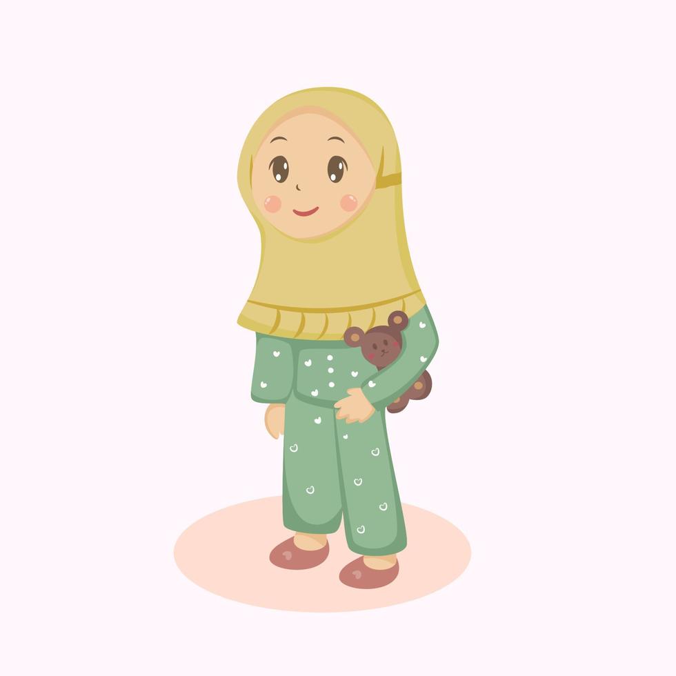 Cute little hijab girl hug teddy bear cartoon illustration vector