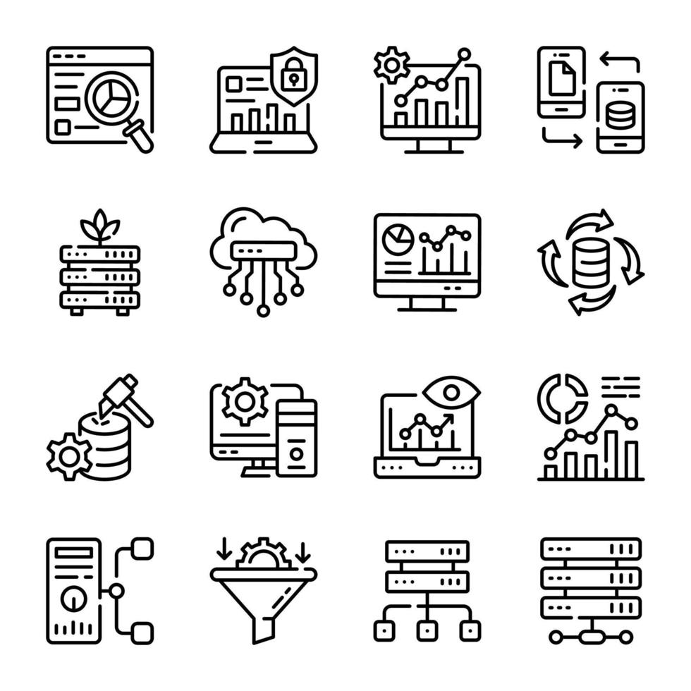 conjunto de iconos de línea de análisis de big data vector