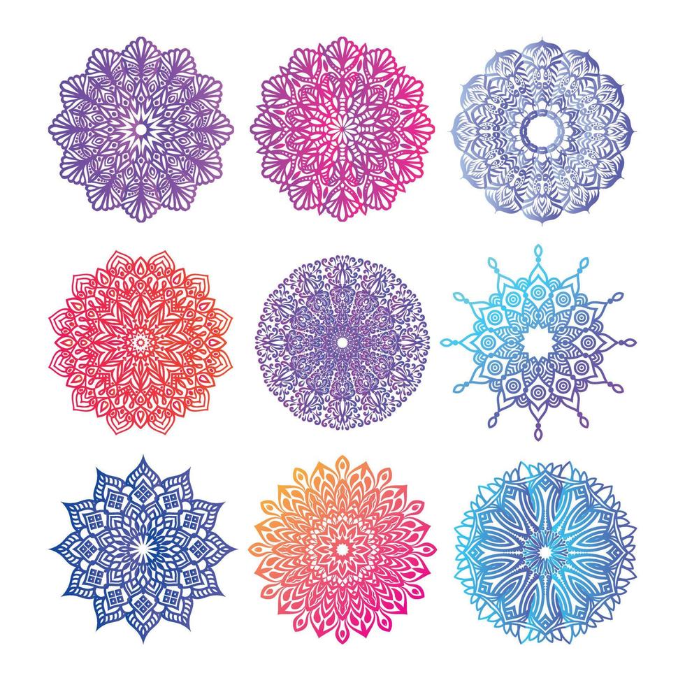 conjunto de elementos de diseño vectorial de patrón de símbolo de mandala floral de ornamento redondo estilizado para yoga de meditación. medallón de tejido de florecimiento complejo. impresión de tatuaje vector