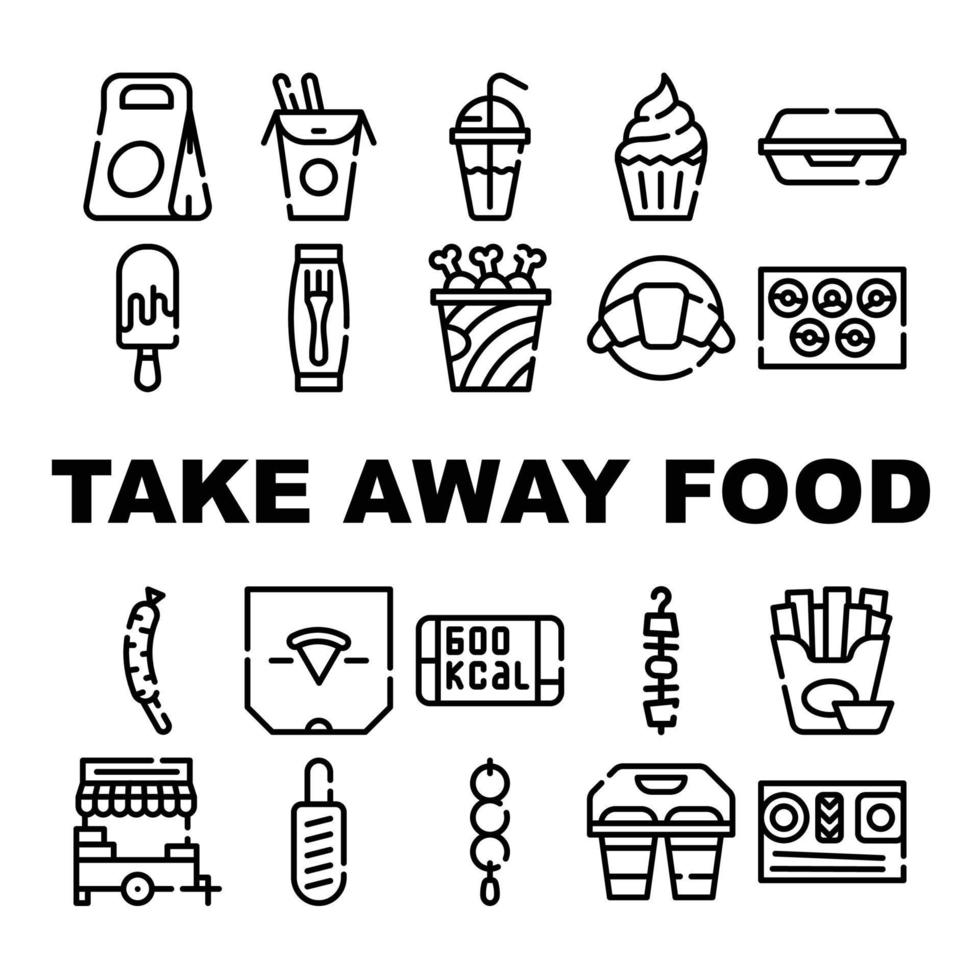 Take Away Food Service Collection Icons Set Vector