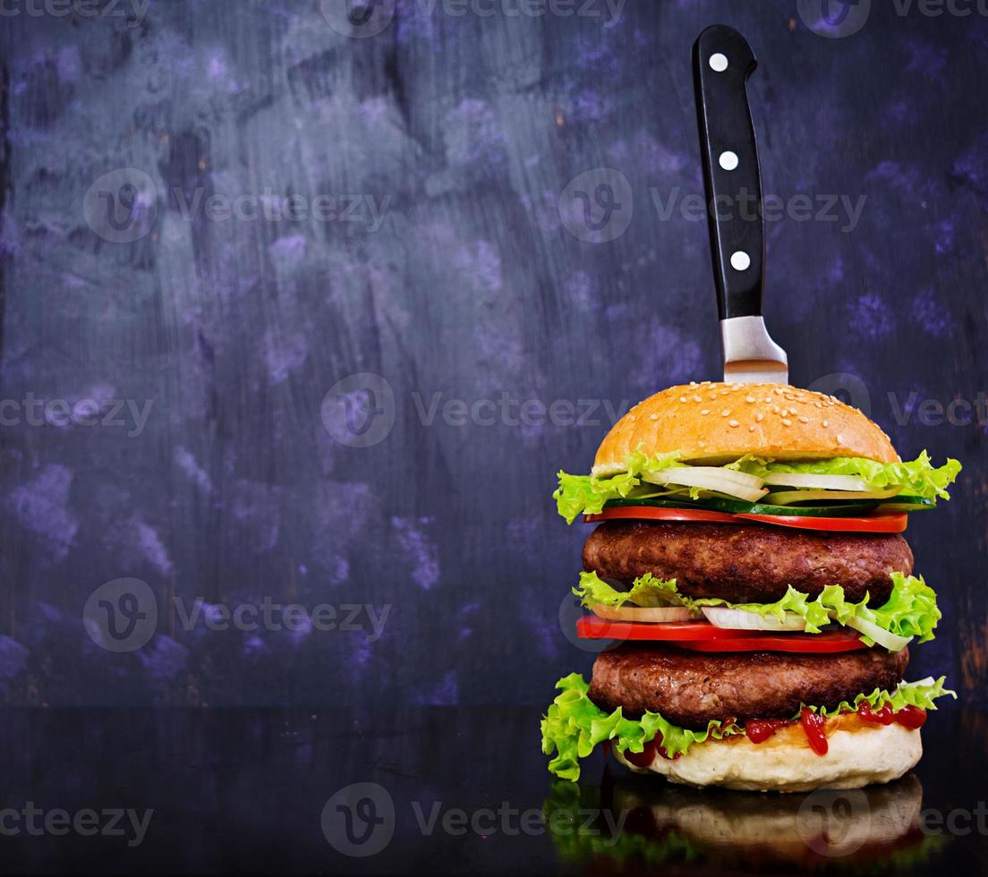 Delicious handmade burger on dark background. Close view photo