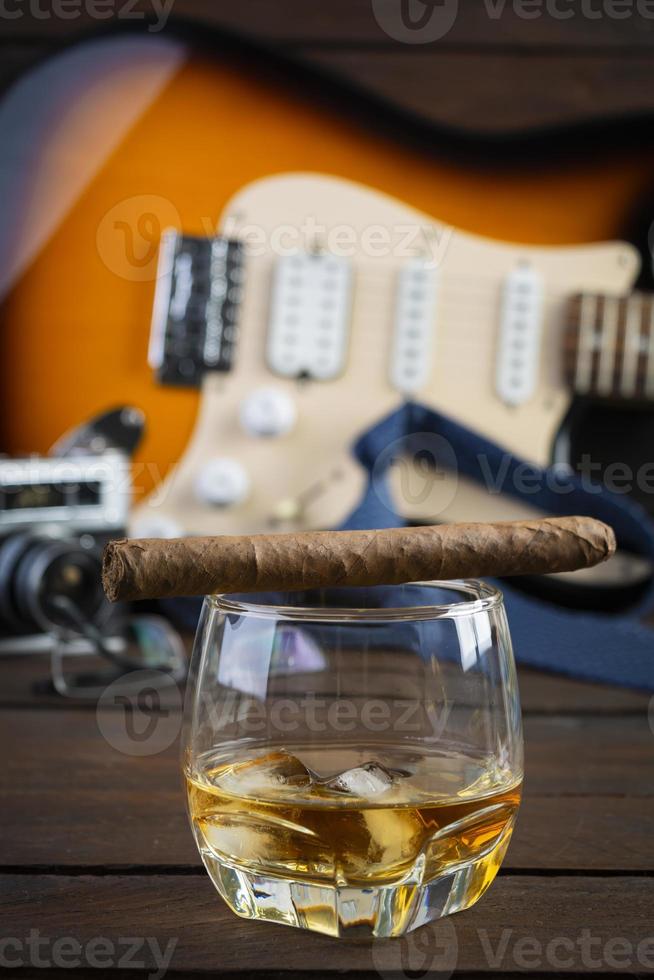 Happy Fathers day. Vintage concept with view of whiskey and cigar photo