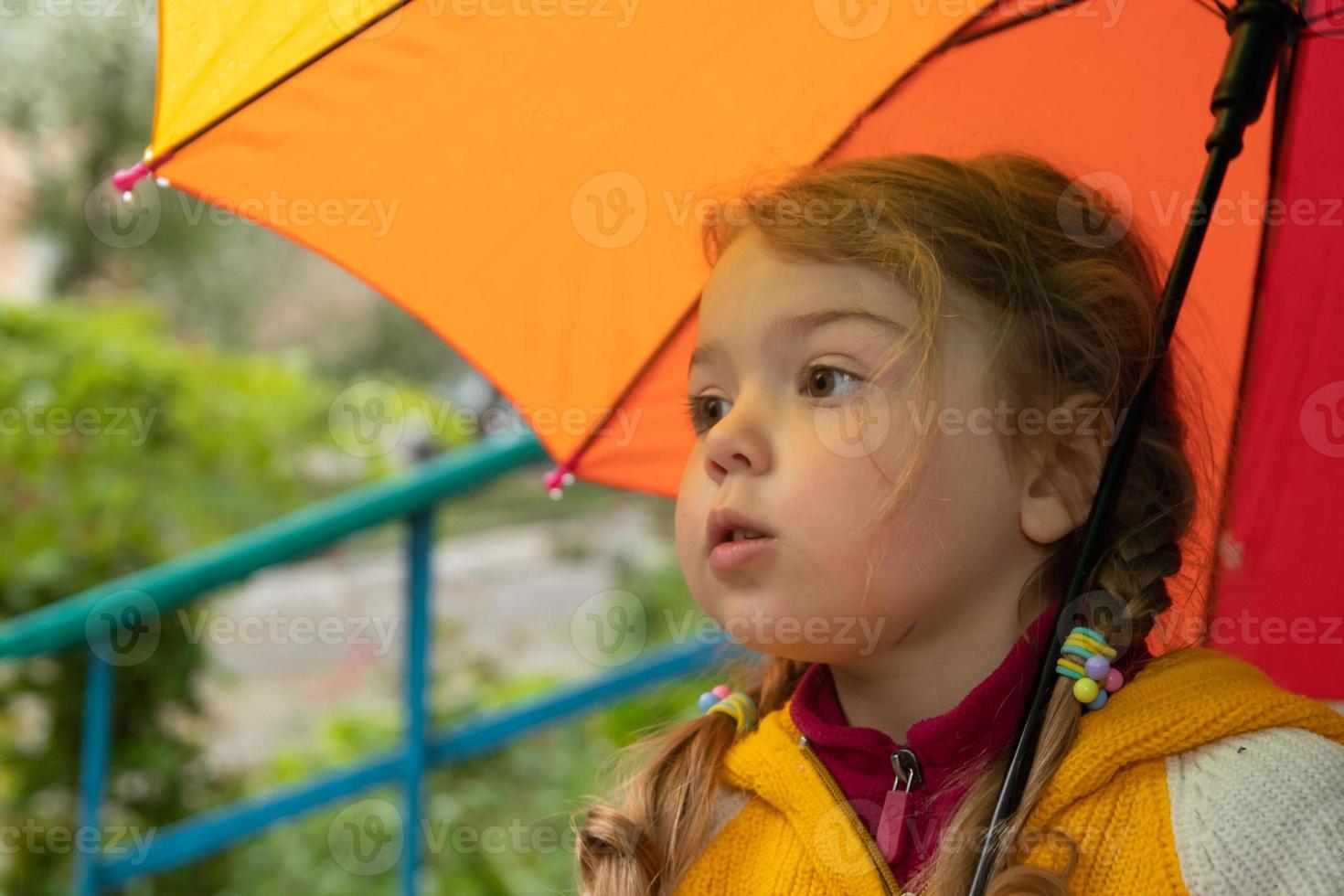 A 3-year-old girl hides in the rain under a colored umbrella photo