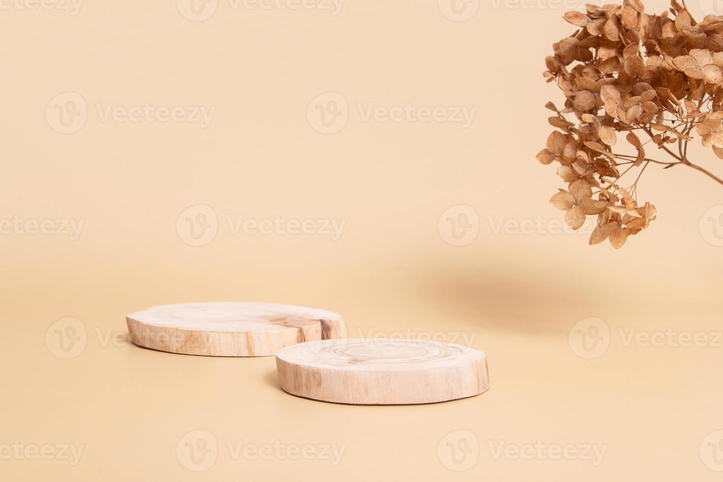 Wooden podium or pedestal for cosmetics, perfumes or jewelry. Neutral beige monochrome with dry flowers mok ap, blank photo