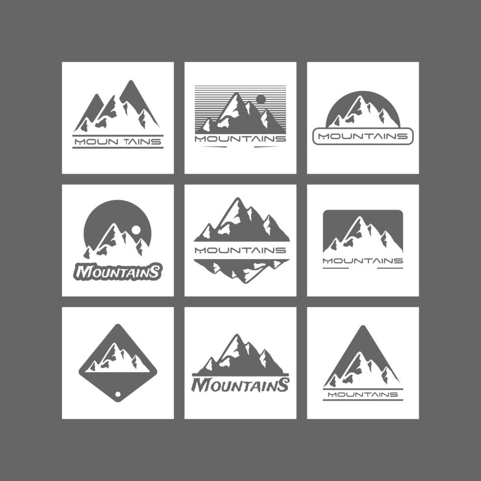 Mountain travel set vector logo, outdoor advantures logo. Hiking and climbing labels or icons for tourism organizations, events, camping leisure.