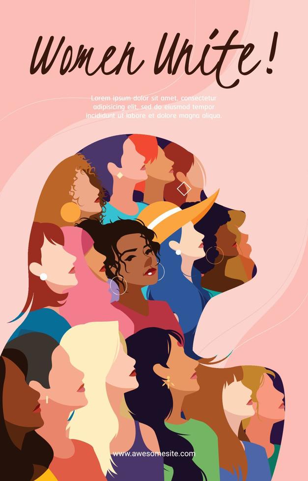 plantilla de póster de mujeres multirraciales en mujeres unidas vector