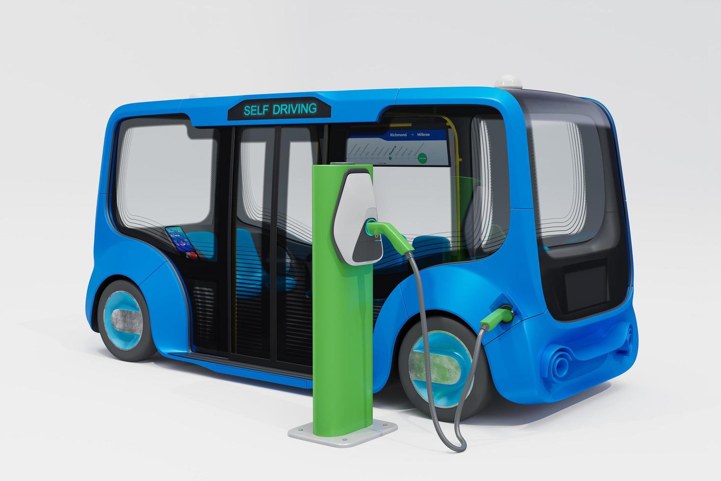 Autonomous electric minibus charging battery, 3d render photo