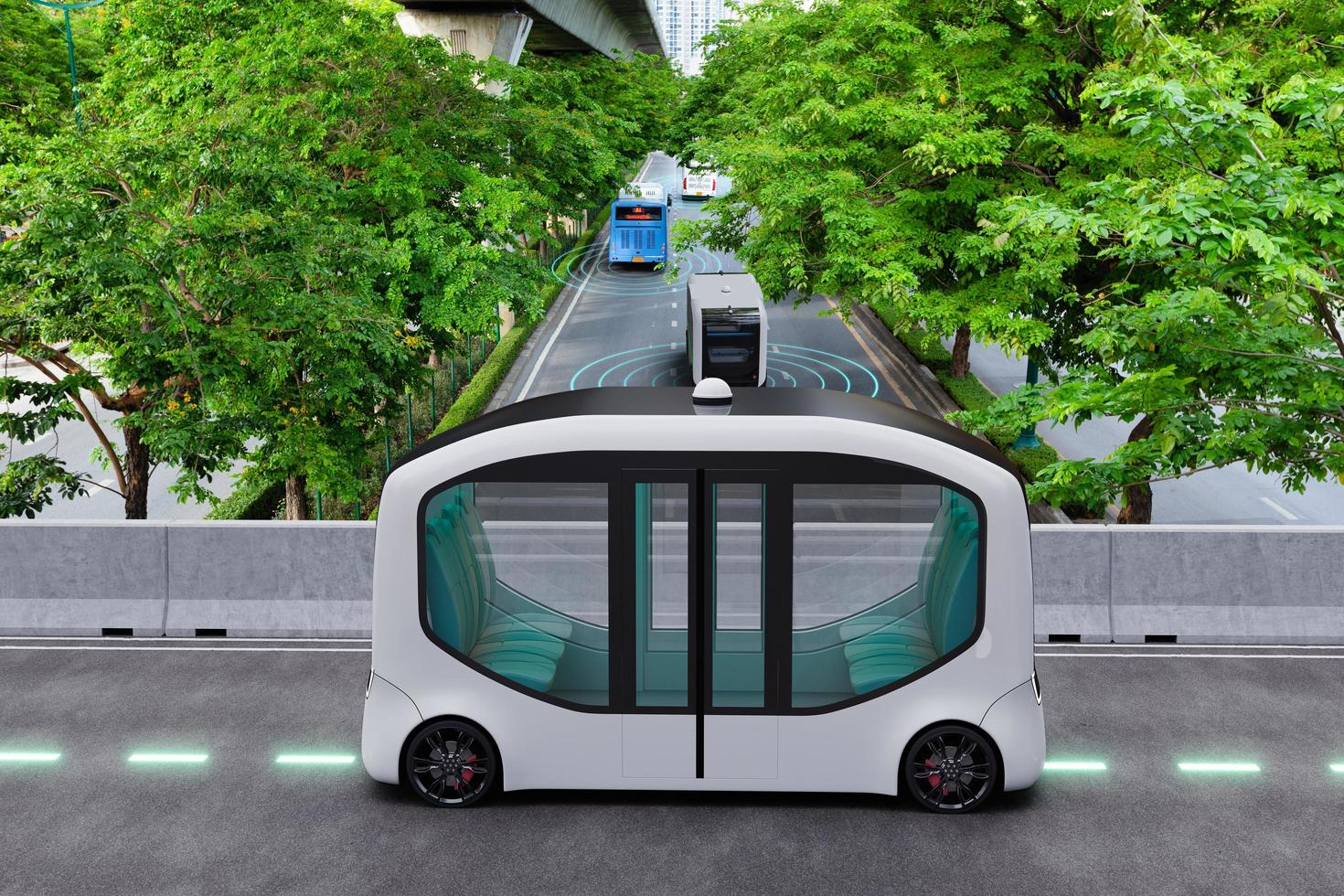 Autonomous electric shuttle bus self driving across city green road, Smart vehicle concept photo