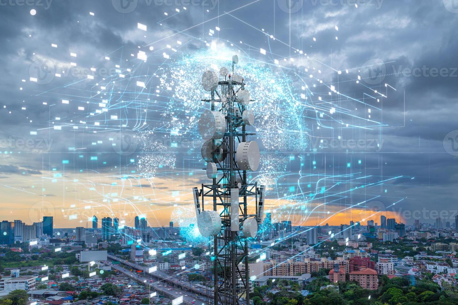 Telecommunication tower with 5G cellular network antenna on city background, Global connection and internet network concept photo