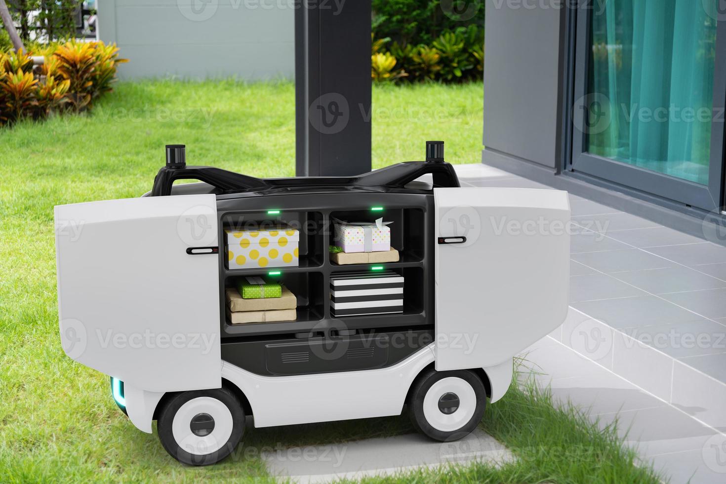 Autonomous robots deliver packaging to customers, Smart artificial intelligence technology concept photo