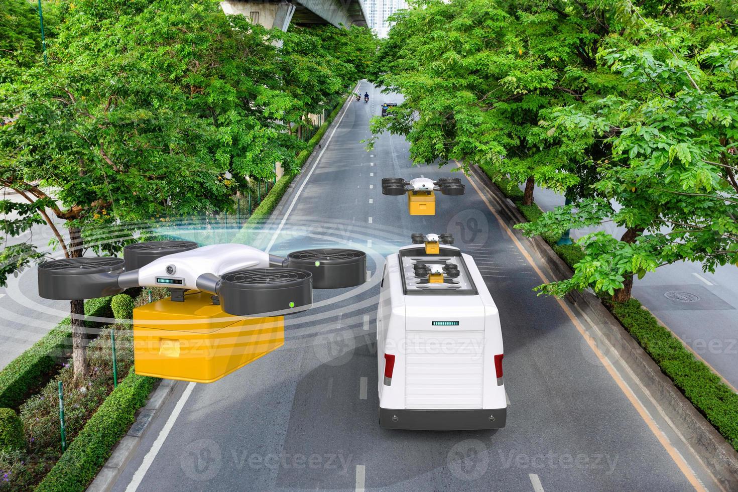 Autonomous delivery drone landing to electric van after deliver parcel on green road, Future transportation and logistic concept photo